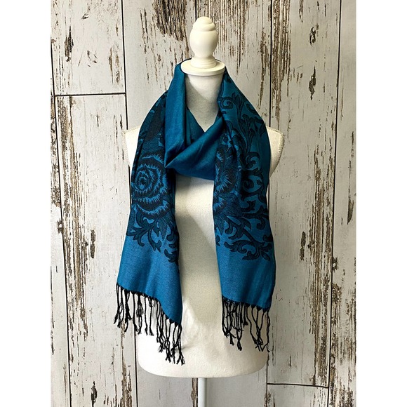 Pashmina Scarf Teal with Floral Design - Picture 2 of 4